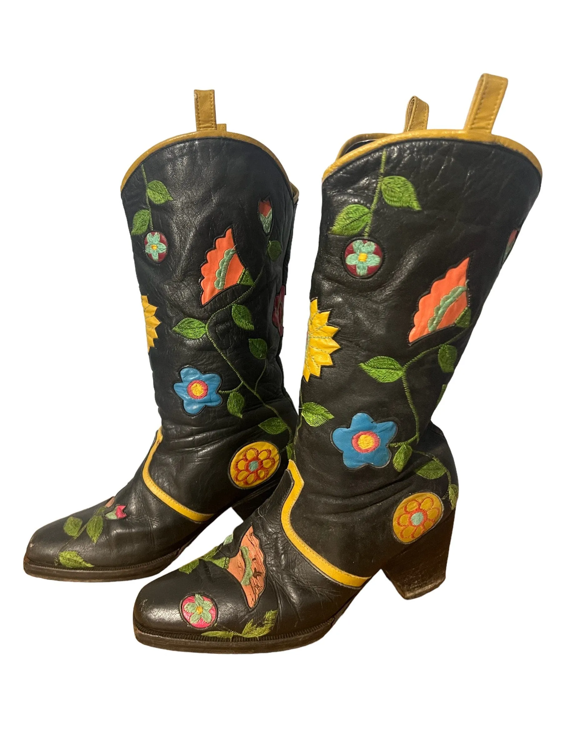Vintage 60’s floral black leather boots 6B