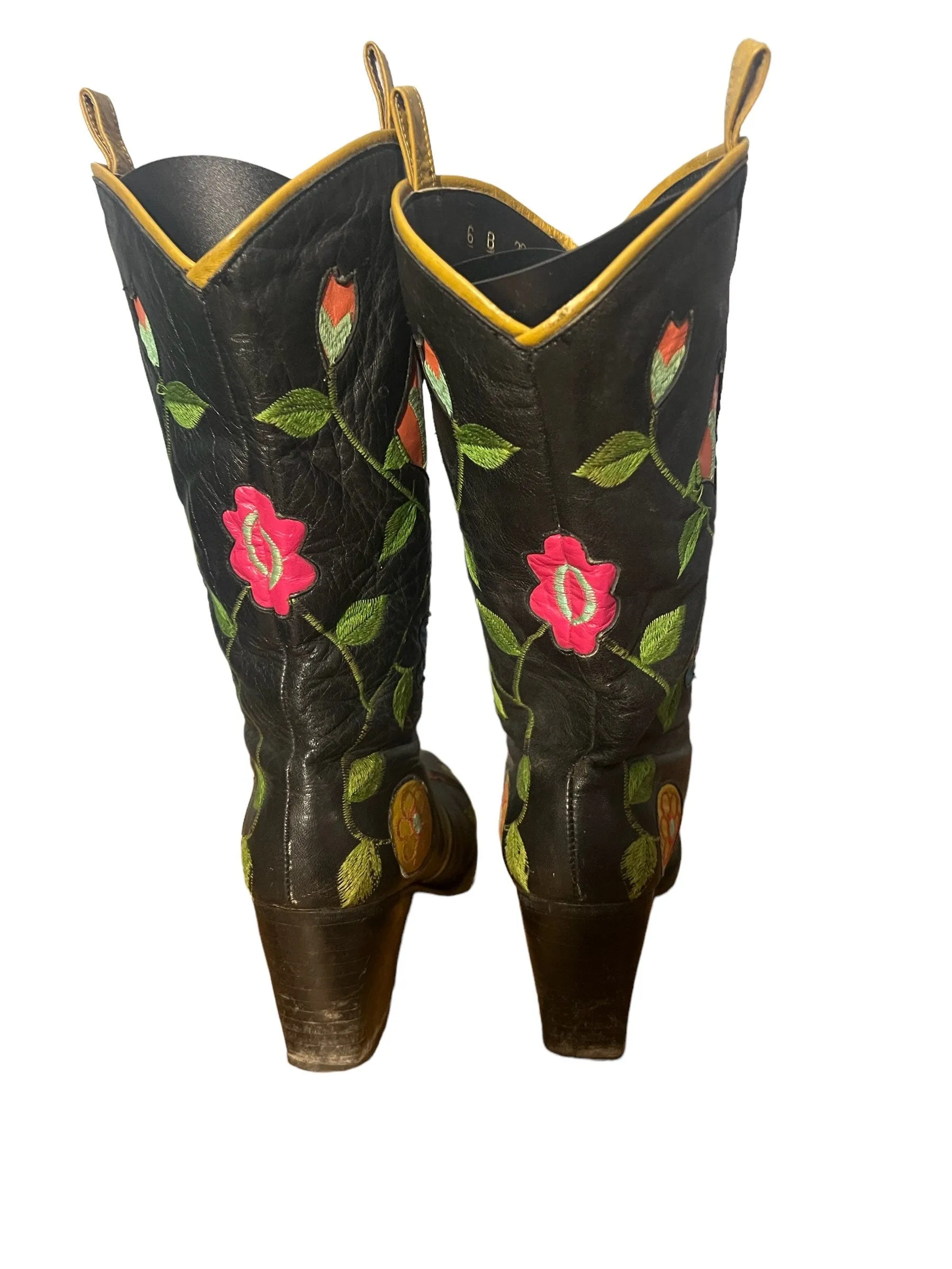 Vintage 60’s floral black leather boots 6B