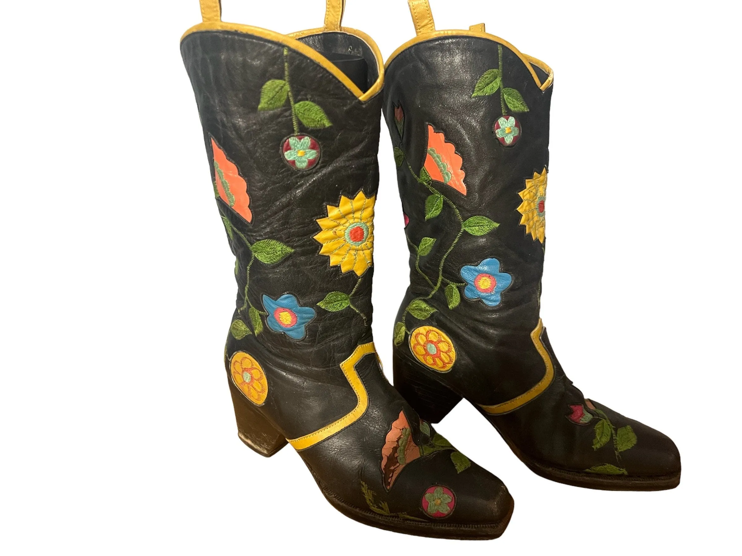 Vintage 60’s floral black leather boots 6B